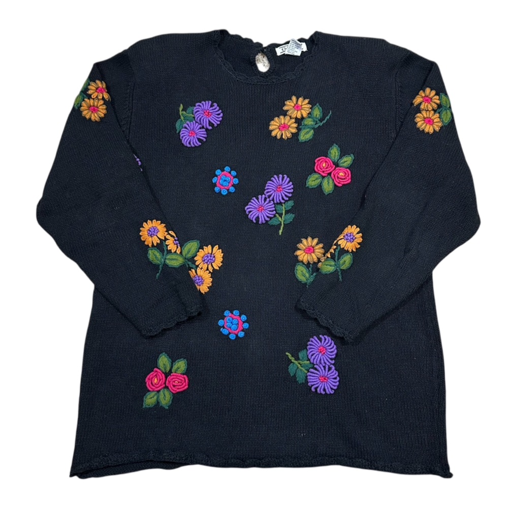 Vintage 90s Christina Floral 3-D Embroidered Flowers Black Sweater Top Scallop L